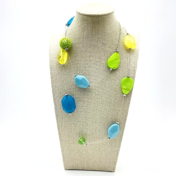 Unbranded Jewelry - Beaded Station Necklace Silver Tone Blue Green Yellow Beach Coastal